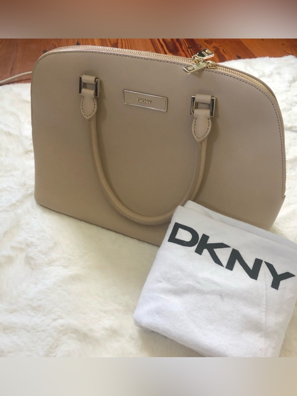 DKNY Beige Leather Satchel with Gold Hardware